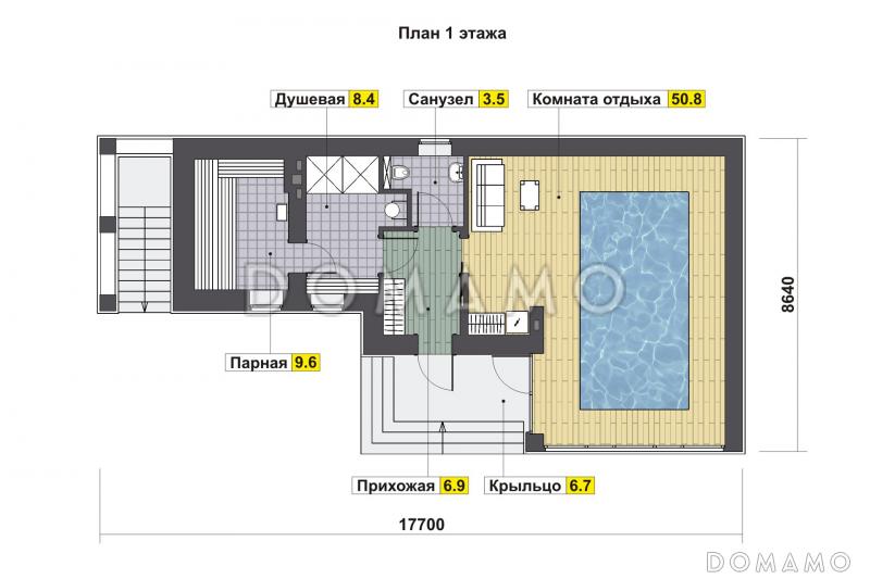 Проект бани со спортивным залом в цокольном этаже, бассейном, душевой, парной и комнатой отдыха / План 1 этажа