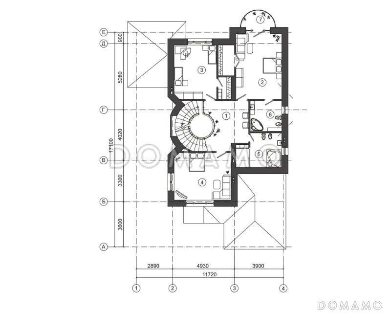Проект двухэтажного дома с угловой террасой с выходом из гостиной / План 2 этажа