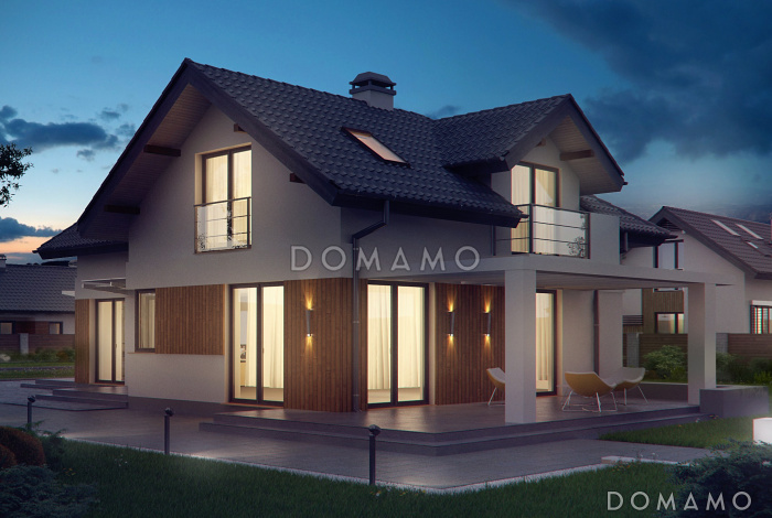 Проект мансардного дома из кирпича с дополнительным помещением для коммерческого использования