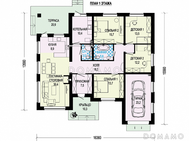 Проект одноэтажного дома из кирпича с гаражом, террасой, детскими комнатами / План 1 этажа