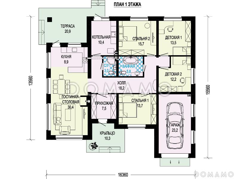 Проект одноэтажного дома из кирпича с гаражом, террасой, детскими комнатами / План 1 этажа