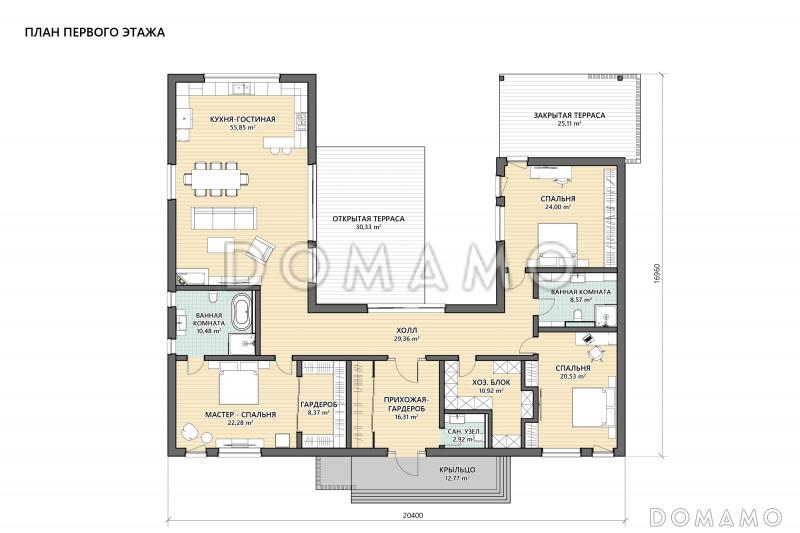 Проект П-образного дома с тремя спальнями, просторной кухней-гостиной, закрытой и открытой террасами / План 1 этажа
