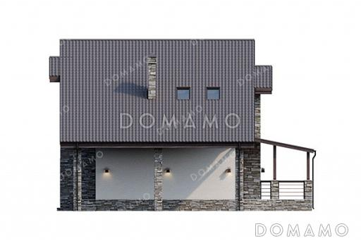 Проект дома с мансардой, светлым панорамным окном на два этажа и навесом для автомобиля / Фасад 4