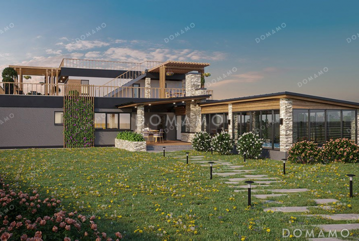 Проект двухэтажного дома с бассейном и гаражом на два автомобиля Проект двухэтажного дома с бассейном и гаражом на два автомобиля