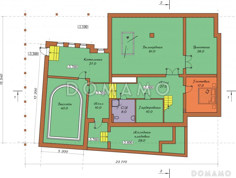 Проект двухэтажного коттеджа с мансардой, цоколем, бассейном и зимним садом / План цокольного этажа