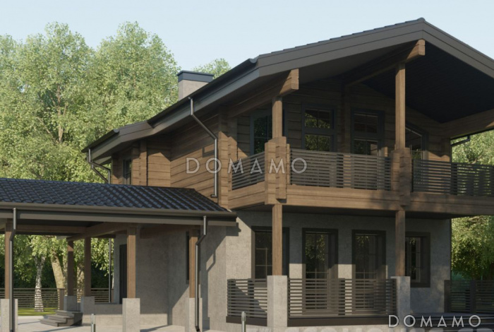 Проект современного дома из клееного бруса с просторным балконом на втором этаже Проект современного дома из клееного бруса с просторным балконом на втором этаже