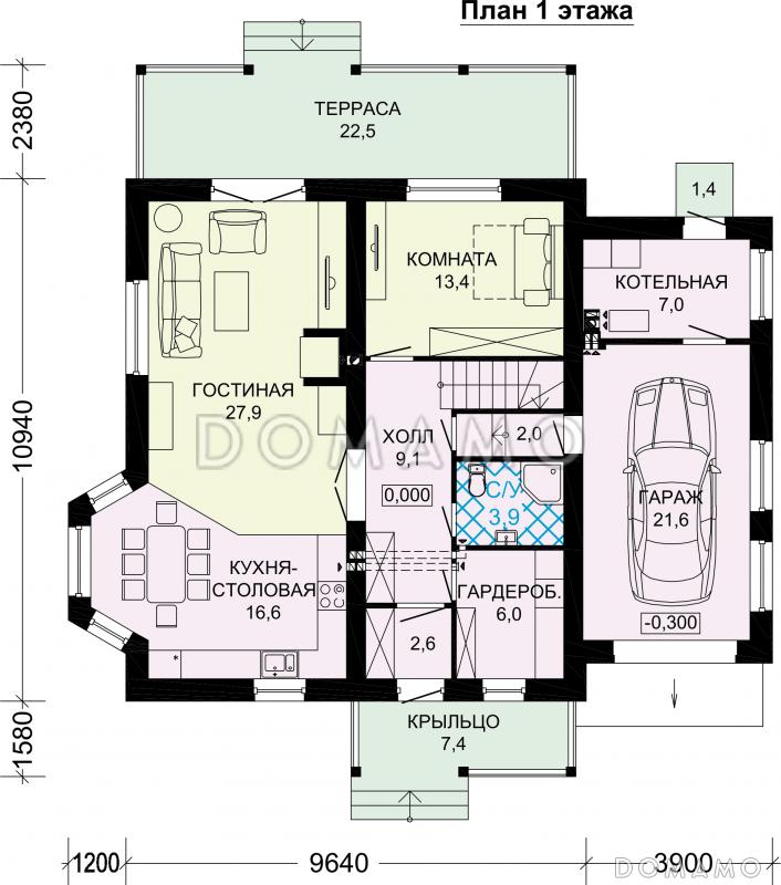 Проект дома из газобетона с спальней на первом этаже / План 1 этажа