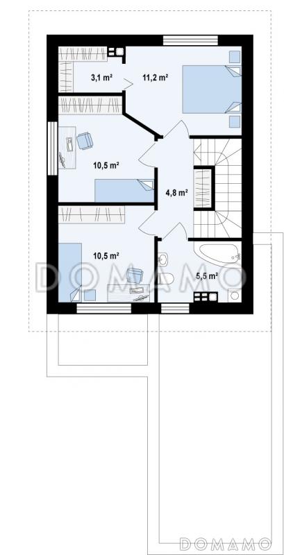 Проект небольшого двухэтажного дома из газобетона с тремя спальнями и балконом, с гаражом / План 2 этажа