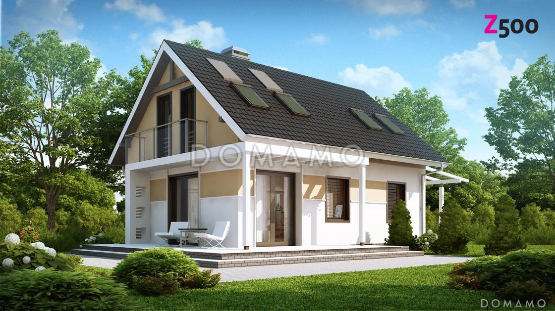 Проект одноэтажного мансардного дома из кирпича с балконом и навесом для автомобиля, с увеличенной гостиной / 1