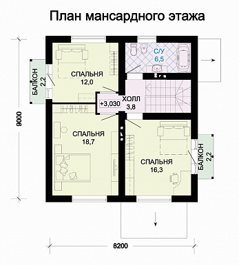 Проект дома из пеноблоков с просторной гостиной и двумя балконами / План мансардного этажа Проект дома из пеноблоков с просторной гостиной и двумя балконами / План мансардного этажа
