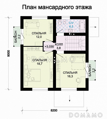 Проект дома из пеноблоков с просторной гостиной и двумя балконами / План мансардного этажа Проект дома из пеноблоков с просторной гостиной и двумя балконами / План мансардного этажа