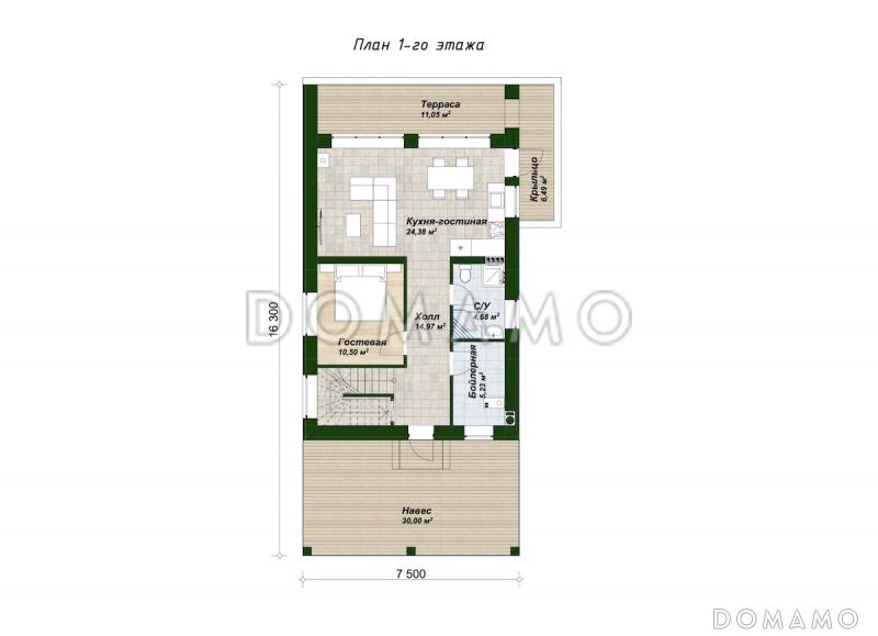 Проект двухэтажного дома из газобетона в стиле барнхаус с навесом для автомобиля и вторым светом / План 1 этажа Проект двухэтажного дома из газобетона в стиле барнхаус с навесом для автомобиля и вторым светом / План 1 этажа
