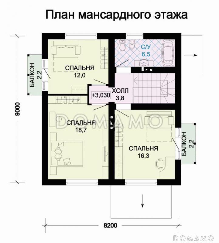 Проект дома из пеноблоков с просторной гостиной и двумя балконами / План мансардного этажа
