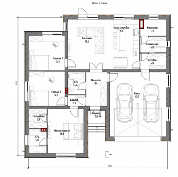 Проект одноэтажного дома с вальмовой крышей, гаражом на 2 машины, хозяйской и гостевыми спальными комнатами / План 1 этажа Проект одноэтажного дома с вальмовой крышей, гаражом на 2 машины, хозяйской и гостевыми спальными комнатами / План 1 этажа