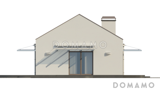 Проект компактного одноэтажного дома из газобетона с двумя спальнями и большой угловой открытой террасой  / Фасад 1