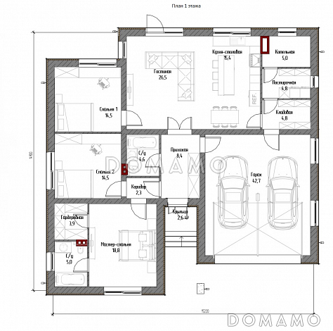 Проект одноэтажного дома с вальмовой крышей, гаражом на 2 машины, хозяйской и гостевыми спальными комнатами / План 1 этажа Проект одноэтажного дома с вальмовой крышей, гаражом на 2 машины, хозяйской и гостевыми спальными комнатами / План 1 этажа