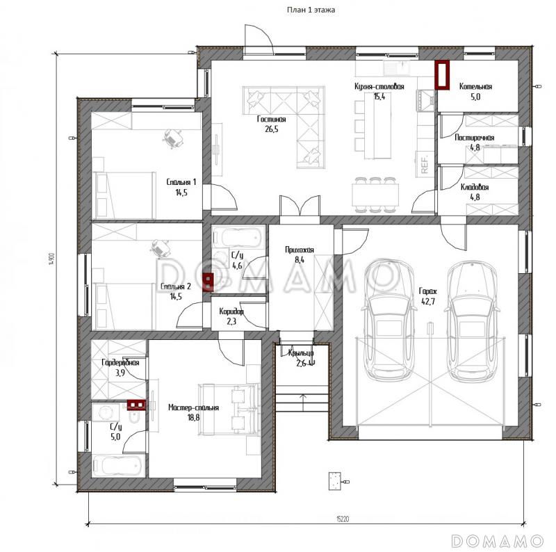 Проект одноэтажного дома с вальмовой крышей, гаражом на 2 машины, хозяйской и гостевыми спальными комнатами / План 1 этажа