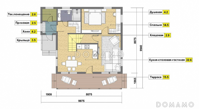 Проект каркасного дома 8х8 / План 1 этажа Проект каркасного дома 8х8 / План 1 этажа