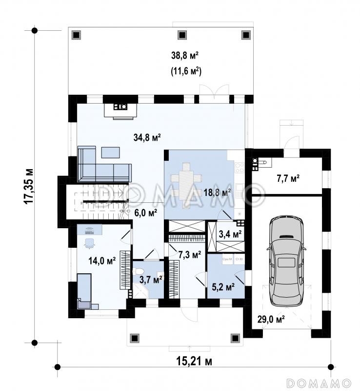 Проект  двухэтажного дома с гаражом для машины, подвалом, крытой террасой, кладовой на кухне, постирочной / План 1 этажа