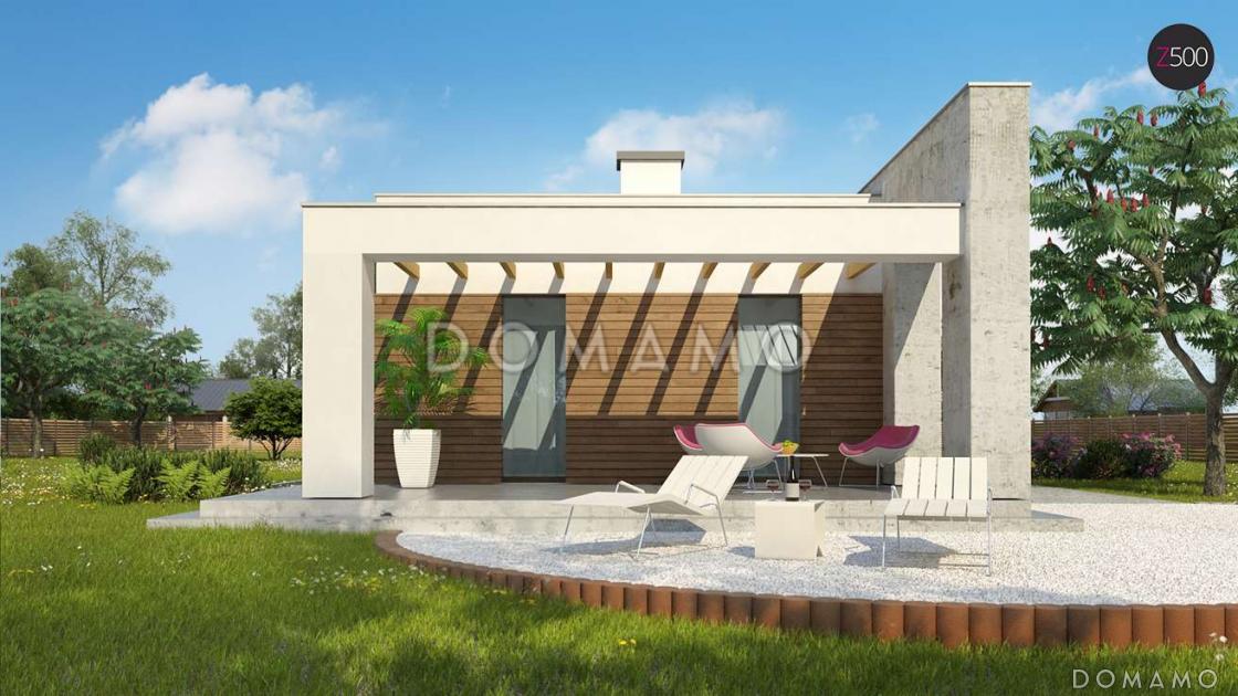 Проект современного одноэтажного дома из газобетона для узкого участка с плоской крышей с тремя спальнями и гаражом  / 5