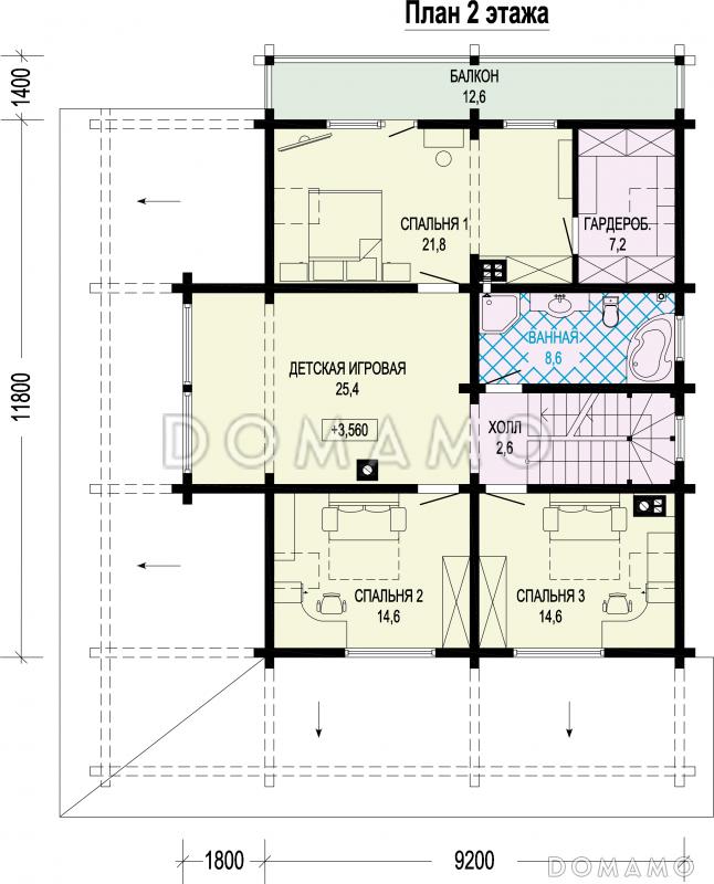 Проект двухэтажного дома из бруса с масштабной крытой террасой и бельведером / План 2 этажа