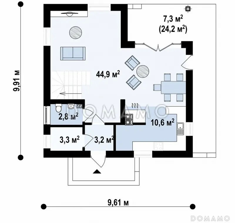 Проект загородного дома современного дизайна из газобетона с тремя спальнями / План 1 этажа