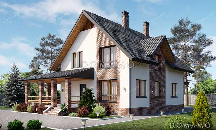 Проект загородного дома с тремя спальнями на мансарде, кабинетом и двумя террасами