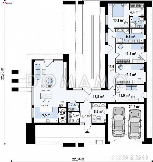 Проект современного одноэтажного дома из газобетона с плоской крышей, с четырьмя комнатами и двухместным гаражом  / План 1 этажа