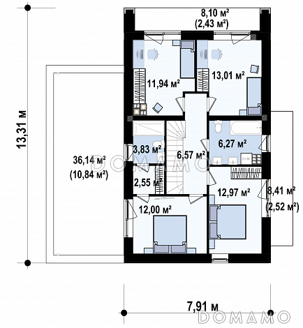Проект двухэтажного дома с гаражом, гостиной с камином, кладовой, балконами, мастер-спальней / План 2 этажа Проект двухэтажного дома с гаражом, гостиной с камином, кладовой, балконами, мастер-спальней / План 2 этажа