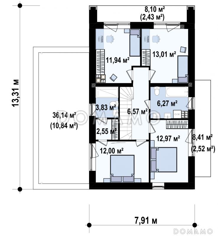 Проект двухэтажного дома с гаражом, гостиной с камином, кладовой, балконами, мастер-спальней / План 2 этажа
