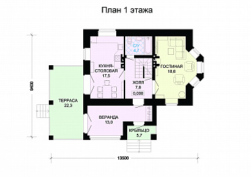 Проект кирпичного дома с верандой / План 1 этажа Проект кирпичного дома с верандой / План 1 этажа