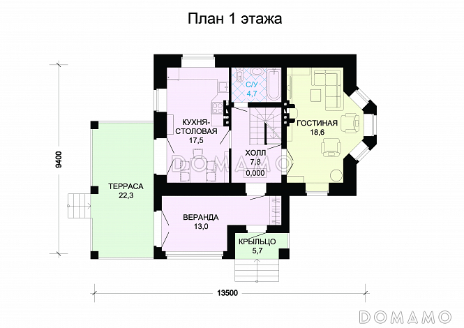 Проект кирпичного дома с верандой / План 1 этажа Проект кирпичного дома с верандой / План 1 этажа