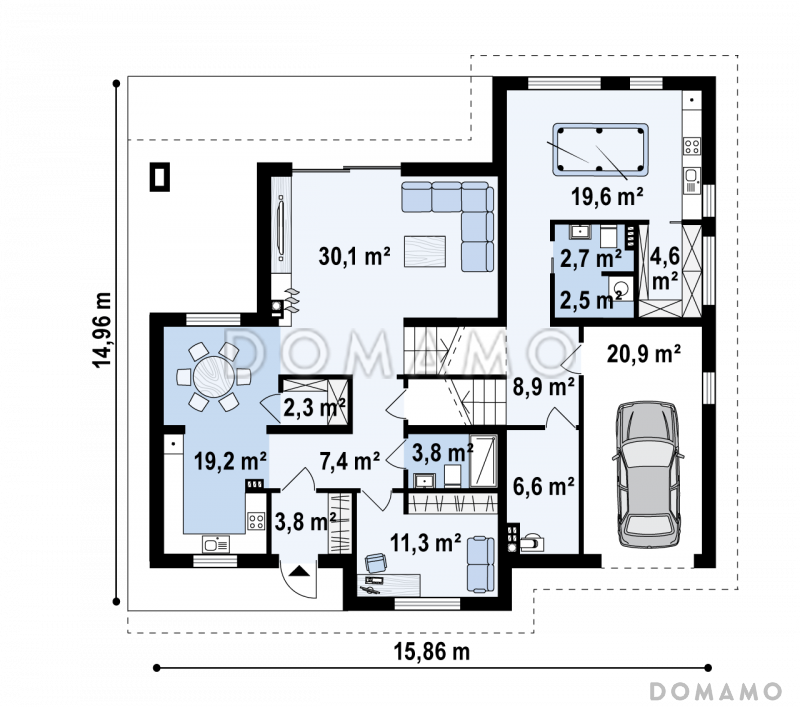 Проект комфортного одноэтажного дома из газобетона с подземным гаражом и бильярдной на цокольном этаже / План 1 этажа