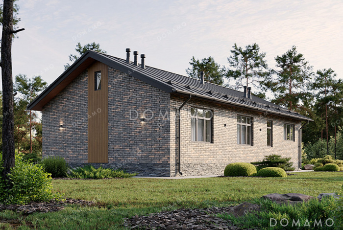 Проект прямоугольного одноэтажного дома с двухскатной фальцевой кровлей, вторым светом и классической отделкой облицовочным кирпичом и планкеном Проект прямоугольного одноэтажного дома с двухскатной фальцевой кровлей, вторым светом и классической отделкой облицовочным кирпичом и планкеном