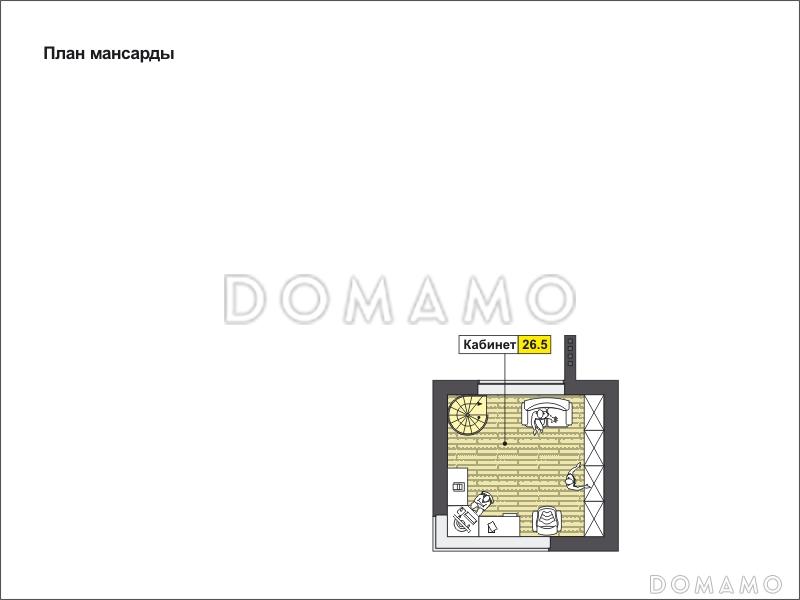 Проект дома с косой крышей, террасой, вытянутой прямоугольной кухней, просторной совмещенной гостиной столовой, спальней на первом этаже, вторым светом, игровой, кабинетом под крышей / План мансардного этажа