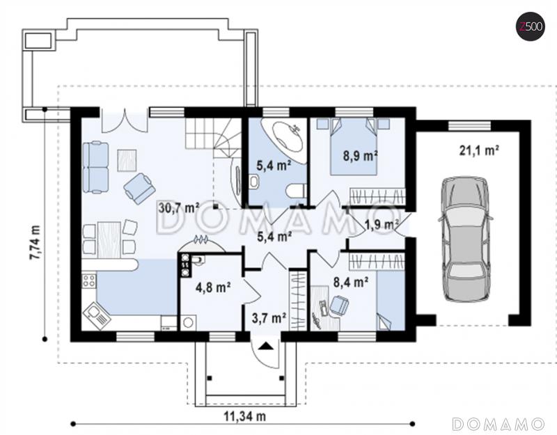 Проект одноэтажного дома из кирпича с тремя спальнями на мансардном этаже и гаражом / План 1 этажа