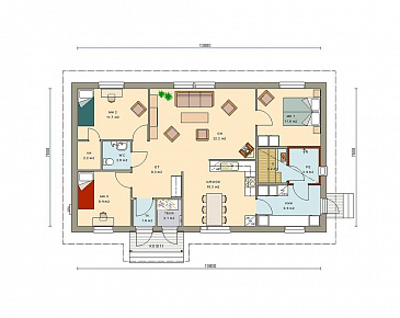 Проект одноэтажного дома с 3 спальнями / План 1 этажа