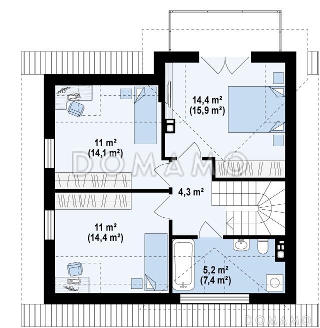 Проект небольшого одноэтажного дома из кирпича с тремя спальнями на мансардном этаже и балконом / План мансардного этажа