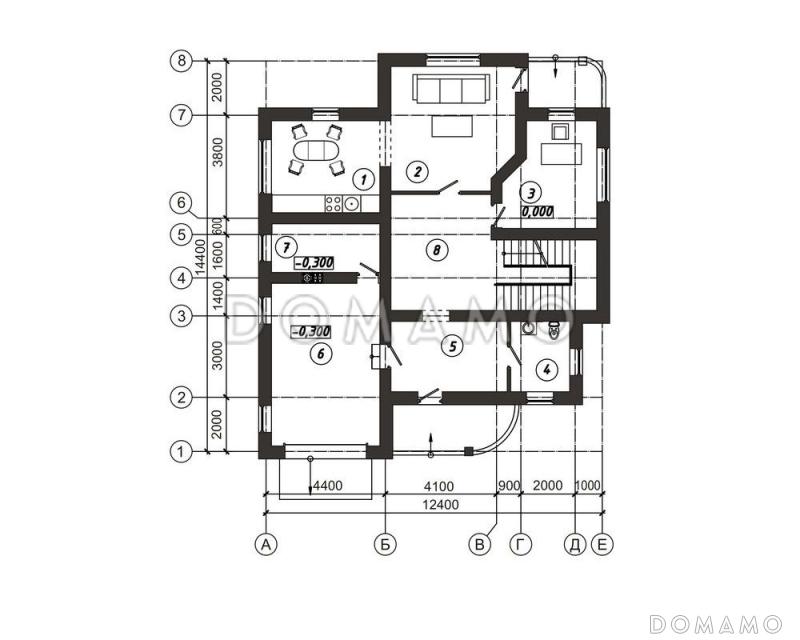 Проект просторного загородного коттеджа с гаражом / План 1 этажа