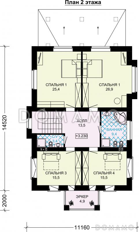Проект просторного кирпичного дома с крытой террасой у гостиной / План 2 этажа