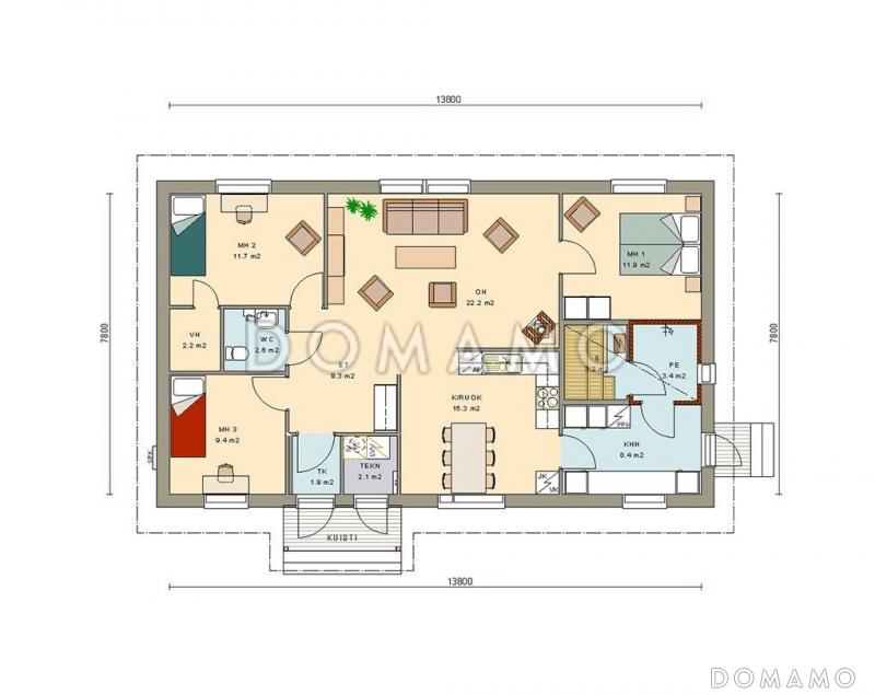 Проект одноэтажного дома с 3 спальнями / План 1 этажа