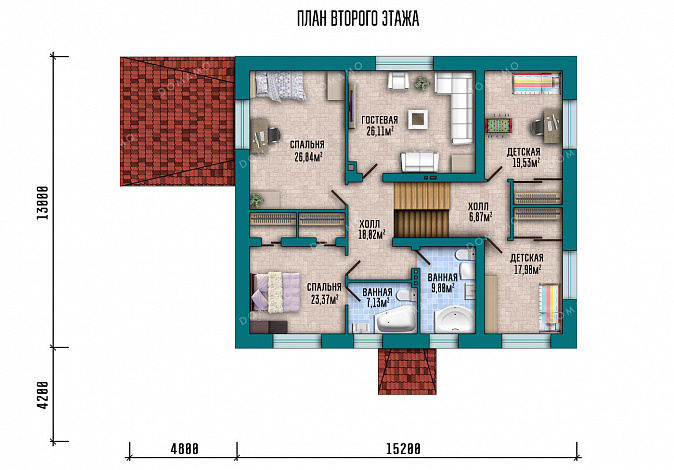 Проект двухэтажного дома с гаражом, оборудованным подвалом и крытой террасой / План 2 этажа