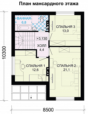 Проект небольшого дома с большими окнами / План мансардного этажа Проект небольшого дома с большими окнами / План мансардного этажа