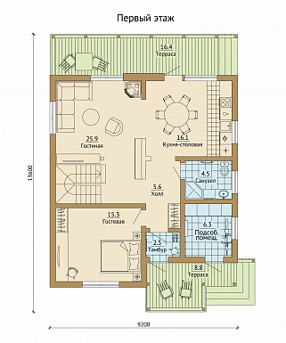 Проект каркасного дома с просторной террасой во всю ширину дома / План 1 этажа