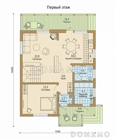 Проект каркасного дома с просторной террасой во всю ширину дома / План 1 этажа