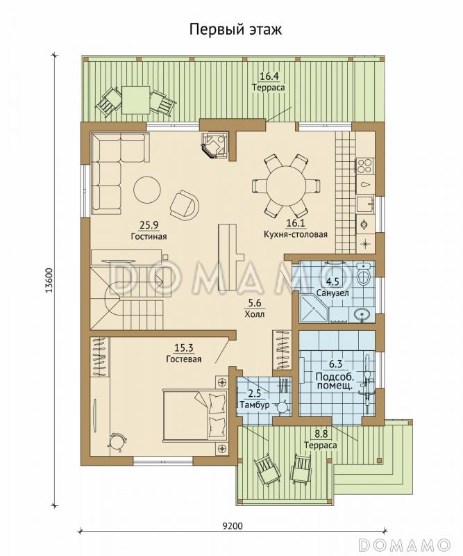 Проект каркасного дома с просторной террасой во всю ширину дома / План 1 этажа