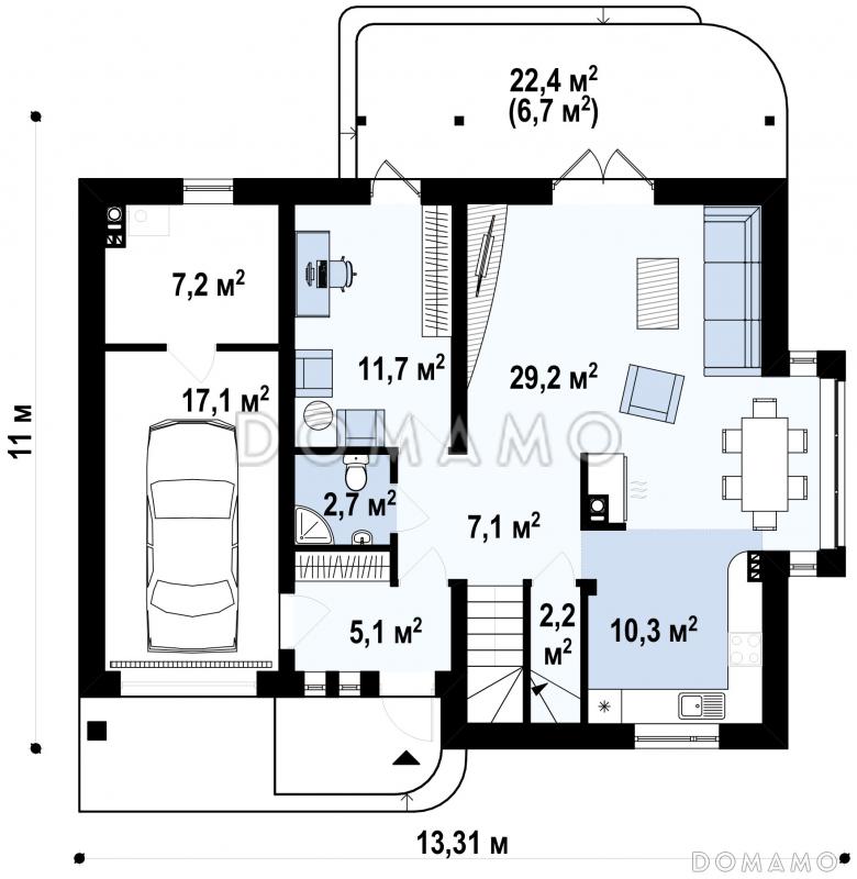 Проект мансардного дома из кирпича с кабинетом, тремя спальнями и гаражом / План 1 этажа