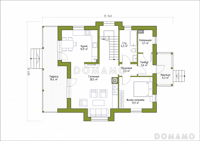 Проект коттеджа из SIP панелей с эркером и террасой. / План 1 этажа Проект коттеджа из SIP панелей с эркером и террасой. / План 1 этажа