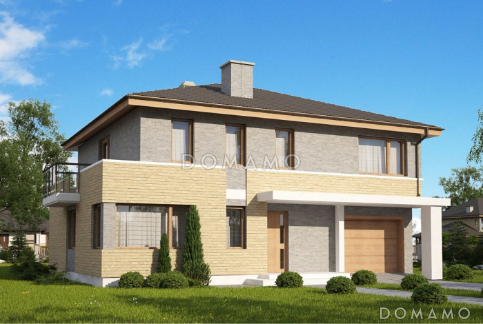 Проект двухэтажного дома из газобетона с четырьмя комнатами, с кирпичной облицовкой