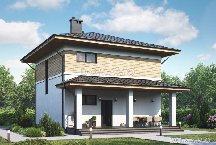 Проект загородного дома с комнатой на первом этаже, санузлом под лестницей, террасой Проект загородного дома с комнатой на первом этаже, санузлом под лестницей, террасой